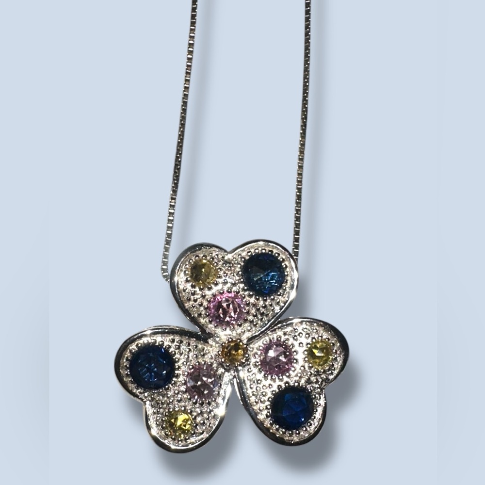 MULTI COLORED SAPPHIRE 3 Leaf Clover PINK BLUE YELLOW Sterling Silver Necklace
